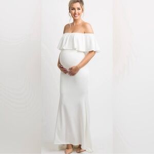 NWT Pinkblush Ivory Ruffle Off Shoulder Mermaid Maternity Photoshoot Gown Sz L
